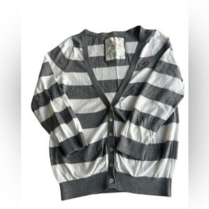 Y2K Hollister Sweater Women large Gray stripped‎ Button Cardigan Pockets Preppy